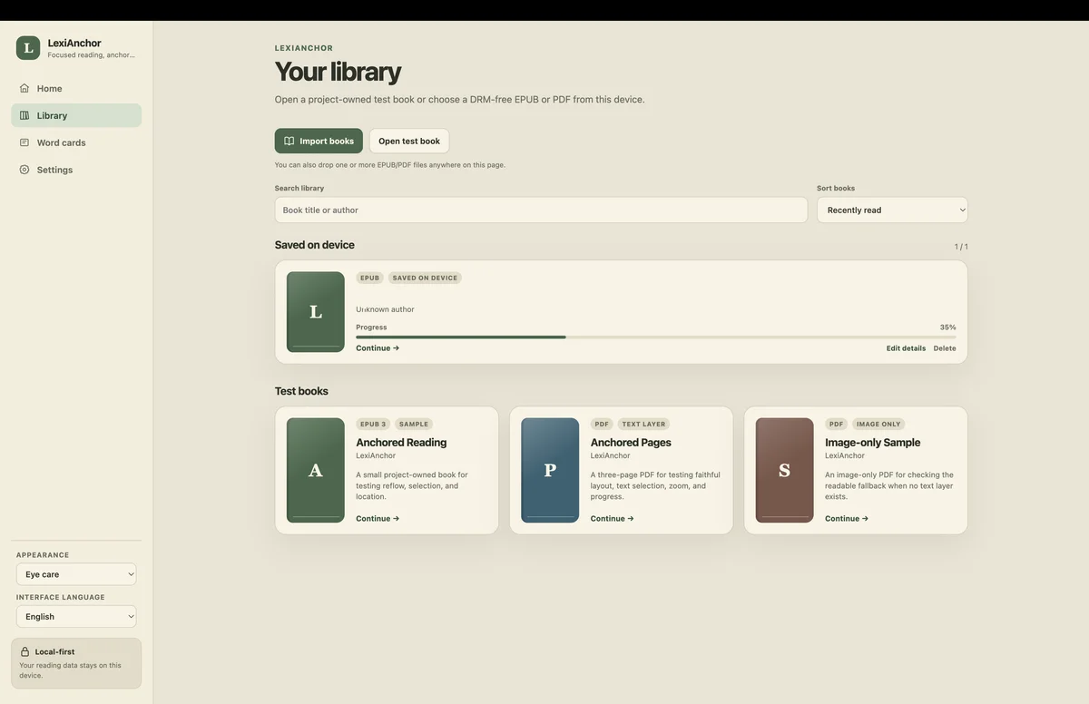 LexiAnchor English library with project-owned test books